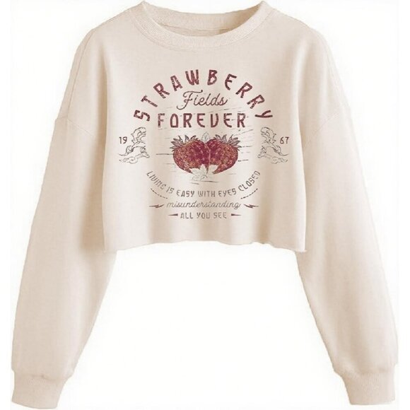 Tops - Women's Beige 1 Sweatshirt Graphic Lantern Long Sleeve Pullover Crop Tops